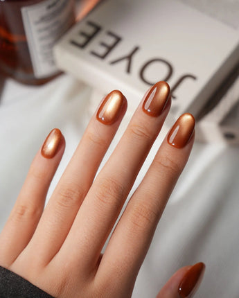 Autumn Cat Eye Press On Nails – Handmade Magnetic Velvet – 10 Colors Short Oval with brown gold&silver green non-3d cat eye nails handmade press-on nails - image 8