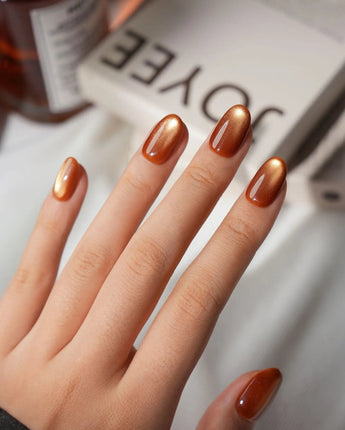 Autumn Cat Eye Press On Nails – Handmade Magnetic Velvet – 10 Colors Short Oval with brown gold&silver green non-3d cat eye nails handmade press-on nails - image 7