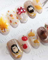 Cute Hedgehog press-on nails with hedgehog, mushroom, and autumn forest details
