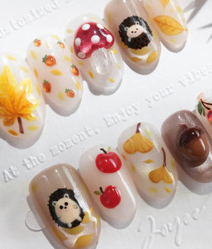 Cute Hedgehog press-on nails — autumn harvest mixed design