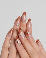 Amber Maple press-on nails — orange french tips gold outline maple leaves handmade nail art by Joyee Nails