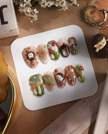 Autumn Tales press-on nails with 3D forest details, mushroom accents and cozy fall palette