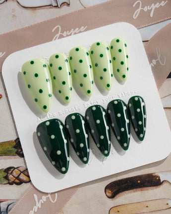 Avocado Shake press-on nails — Forest Green & Light Green Contrast, Retro Polka Dots handmade nail art by Joyee Nails