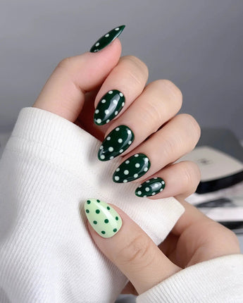 Avocado Shake press-on nails — Forest Green & Light Green Contrast, Retro Polka Dots handmade nail art by Joyee Nails