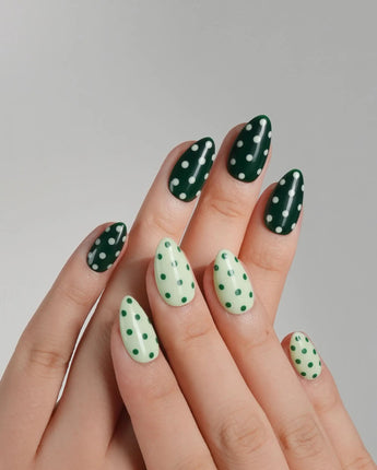 Avocado Shake nail art close-up showing Forest Green & Light Green Contrast, Retro Polka Dots details