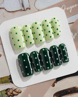 Avocado Shake press-on nails — Forest Green & Light Green Contrast, Retro Polka Dots handmade nail art by Joyee Nails