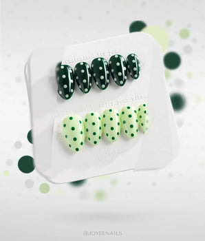 Avocado Shake handmade press-on nails featuring Forest Green & Light Green Contrast, Retro Polka Dots