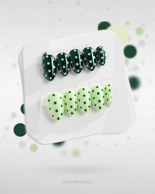Avocado Shake handmade press-on nails featuring Forest Green & Light Green Contrast, Retro Polka Dots