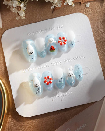 Baby Seals bright summer nail set with blue sea style and sculpted seal pups