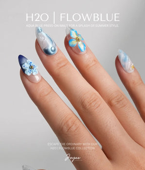 Bali Blue handmade press-on nails featuring Ocean Blue, 3D Flowers & Starfish