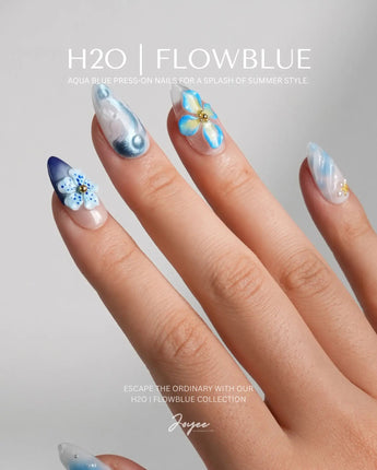 Bali Blue handmade press-on nails featuring Ocean Blue, 3D Flowers & Starfish