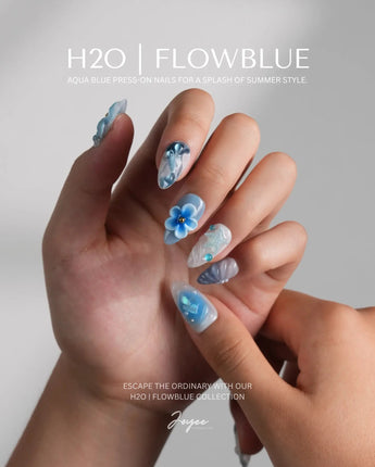 Bali Blue close-up of ocean floral nail art with 3D petals and starfish accents