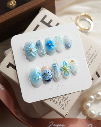 Bali Blue Short Oval press on nails, handmade custom nails by Joyeenails