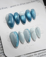 Banff Blue press-on nails — Cat Eye Blue Nails with Chrome Outline handmade nail art by Joyee Nails