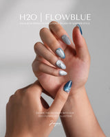 Banff Blue nail art close-up showing Cat Eye Blue Nails with Chrome Outline details