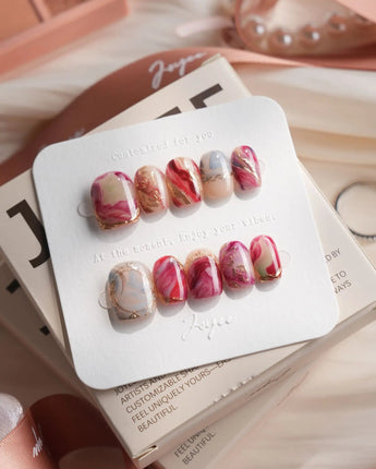 Baroque Palette extra short square press-on nails with deep red and burgundy fall nail art