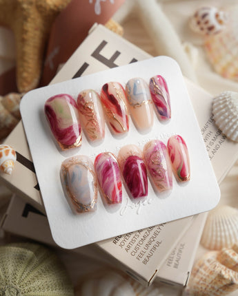 Baroque Palette medium coffin press-on nails with deep red and burgundy fall nail art