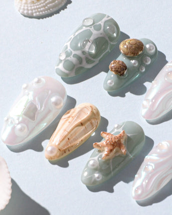 Mauritius Escape press-on nails — Pearly Mint, 3D Sea Elements. handmade nail art by Joyee Nails