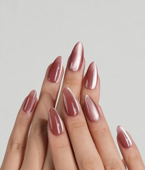 Beam Team #1 press-on nail set — red cat eye design, hand-painted with real gel polish