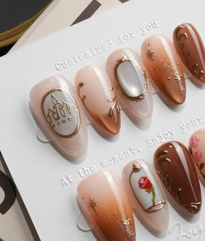 Beauty and the Beast Short Almond with brown Luxury non-3d handmade press-on nails - image 4