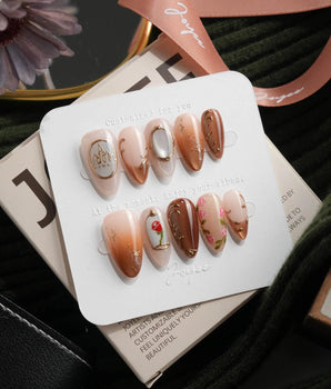 Beauty and the Beast Short Almond with brown Luxury non-3d handmade press-on nails - image 2