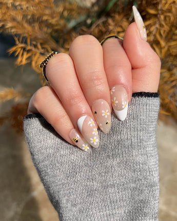 Beebee Nail Art press-on nails in short almond shape — Warm French, Daisy & Honeybee.