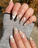 Beebee Nail Art press-on nails in short almond shape — Warm French, Daisy & Honeybee.