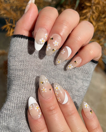 Beebee Nail Art press-on nails in short almond shape — Warm French, Daisy & Honeybee.