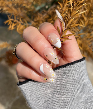 Beebee Nail Art press-on nail set — Warm French, Daisy & Honeybee. design, hand-painted with real gel polish