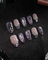 Belladonna press on nails with hand-painted dark lilies in silver outline on violet grey cat eye and nude nails edged in silver beads - image 3