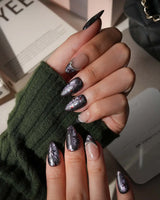 Belladonna press on nails with hand-painted dark lilies in silver outline on violet grey cat eye and nude nails edged in silver beads - image 5