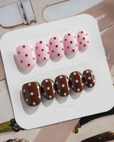 Berry Cocoa press-on nails — Coffee & Pink Polka Dots handmade nail art by Joyee Nails