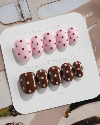 Berry Cocoa press-on nails featuring cozy coffee tones and soft pink polka-dot details