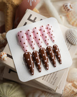 Berry Cocoa long stiletto press-on nails with chocolate brown dessert-inspired 3D nail art