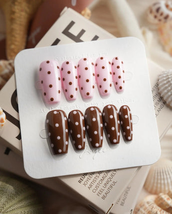 Berry Cocoa in medium coffin shape with chocolate brown base and playful pink dot accents