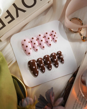 Berry Cocoa in short almond shape with coffee brown polish and soft pink polka dots