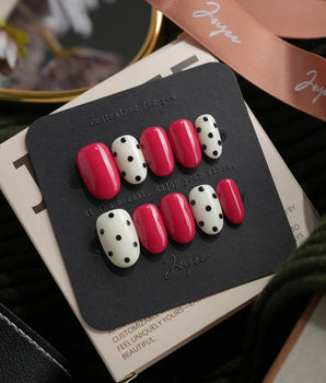 Berry Dot Short Oval polka dot press on nails red with pink dot solid color handmade nail art - image 2