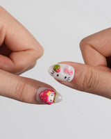 Berry Kitty fruit dessert nails with raised kitty detail, red accents, and tiny green leaves
