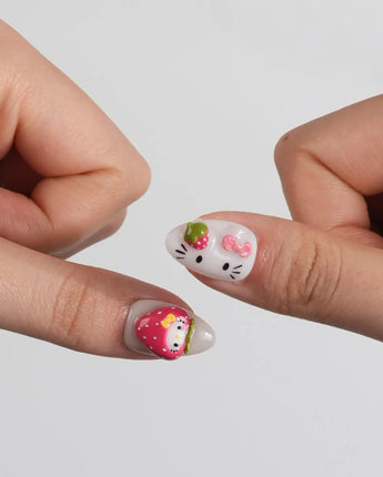 Berry Kitty fruit dessert nails with raised kitty detail, red accents, and tiny green leaves
