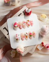 Berry Kitty handmade fruit nails with 3D cat face, strawberries, cherries, and dessert motifs
