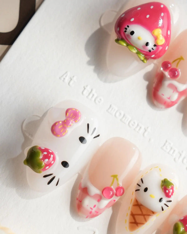 Berry Kitty extra short almond nails with strawberries, cherries, ice cream cones, and berry-hood kitty art