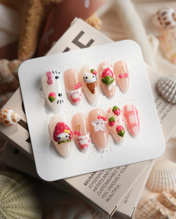 Berry Kitty medium almond nails with berry-hood kitty, cherries, and hand-painted fruit details