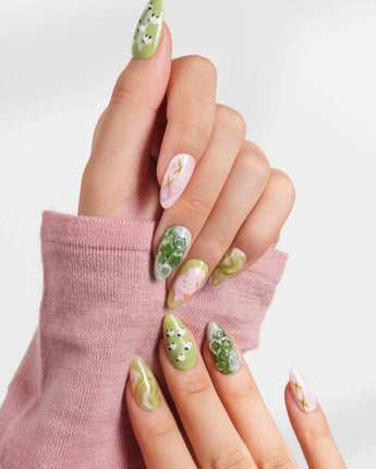Berry Matcha custom press-on nails with translucent frozen drink finish