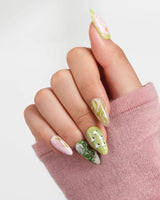 Berry Matcha short almond nail set with soft marbled jelly and floral accents