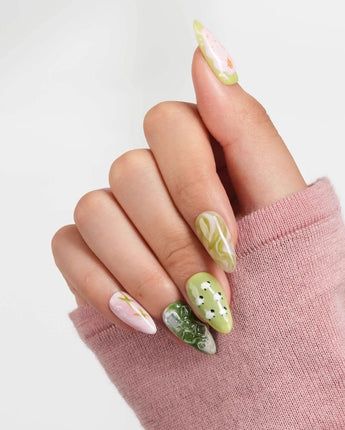 Berry Matcha short almond nail set with soft marbled jelly and floral accents