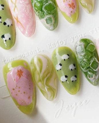 Berry Matcha short almond nails with green matcha and strawberry pink jelly swirls