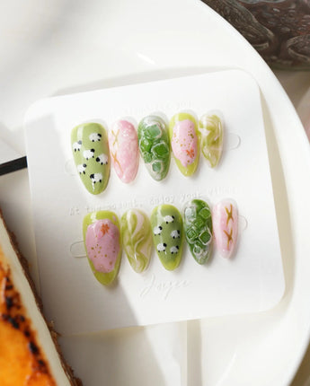 Berry Matcha handmade jelly nail art with marbled green and pink drink colors