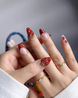 Berry me close-up of 3D strawberry texture, cherry red tips, and pearl accents