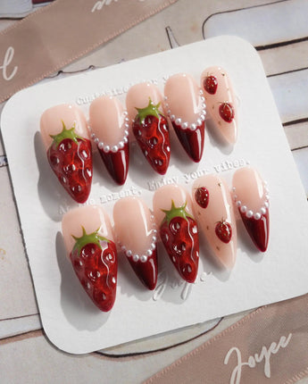 Berry me fruity fantasy nails with ripe strawberries, red tips, and pearls