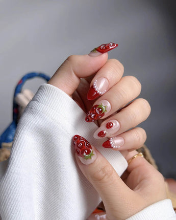Berry me press-on nail set — Rich Strawberry Red, 3D Strawberries & Pearls. design, hand-painted with real gel polish